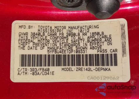 2013 Toyota Corolla Le из США, поврежденный, VIN 5YFBU4EE1DP109331